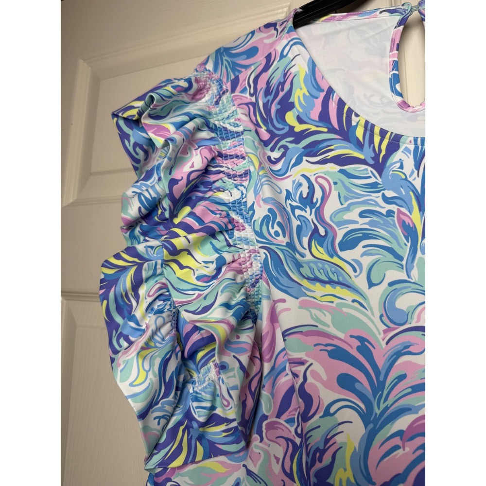 Simply Southern Watercolor Ruffle Sleeve Tiered Dress XL UPF 50+ Blue Pink New - Picture 8 of 10